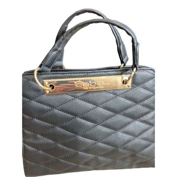 Bebe Purse Quilted Handbag Black Gold Satchel Accents Cocktail Mini Bag - Picture 7 of 15